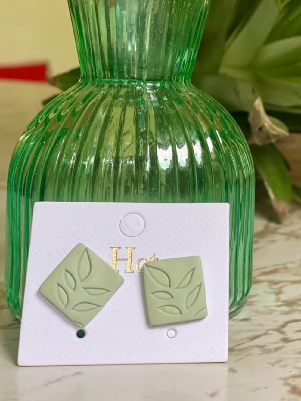 Handmade Light Green Leaf-Embossed Square Stud Clay Earrings